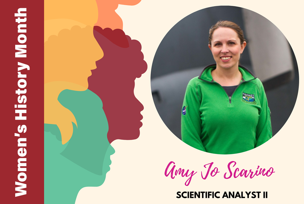 Image of Amy Jo Scarino with her name and her title, Scientific Analyst, underneath. The words Women's History Month appear going up the left side of the image frame 
